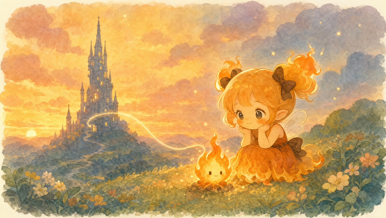 塔のシルエットと、寄り添うように光る小さな炎とメイラの夕景