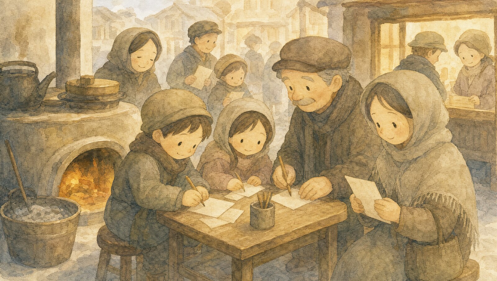 かまどのそばの机で願いごとを紙に書く街の人々