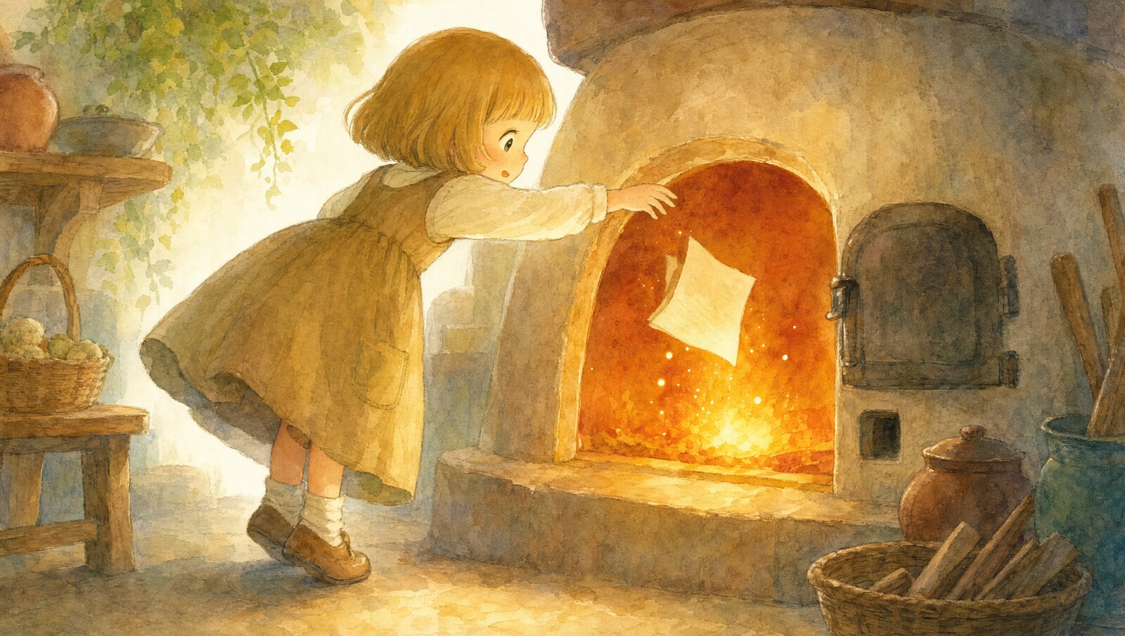 つむぎがかまどの中へ願いの紙をぽとんと投げ入れる瞬間