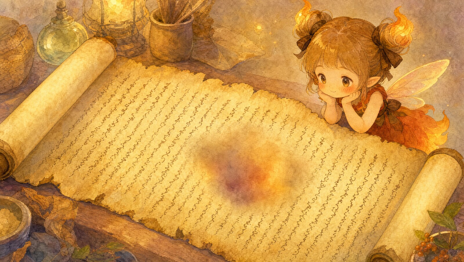 美しい字が並ぶ巻物、けれど挿絵の場所だけぼんやり滲んでいる