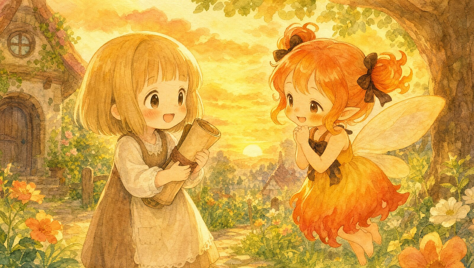 巻物を抱きしめ、メイラにお礼を言う笑顔のつむぎ