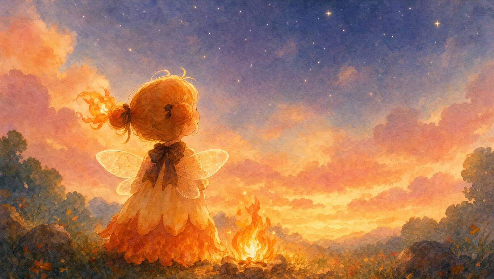 生まれ故郷の小さな炎のそばで夕空を見上げるメイラのうしろ姿