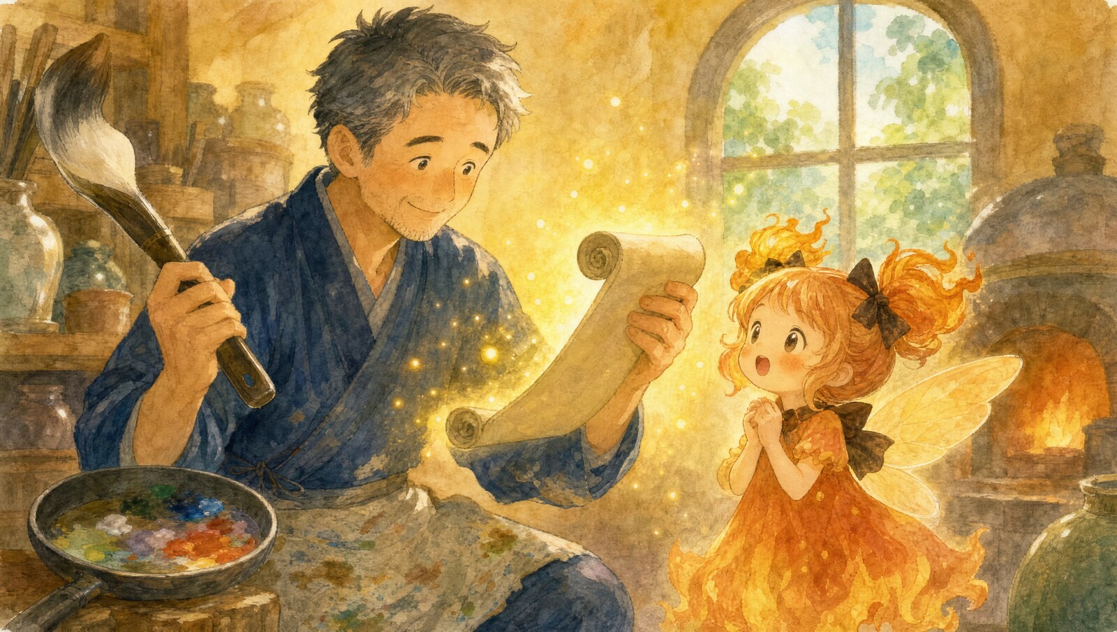メイラの巻物を手に取り「うまい字だ」と微笑む勝さん