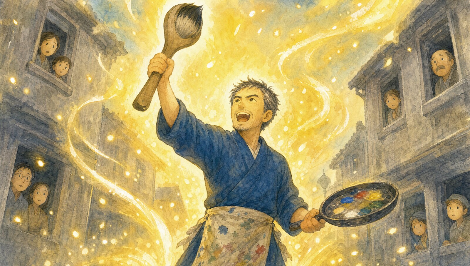 大きな筆を空高くかかげ、力強く宣言する勝さん