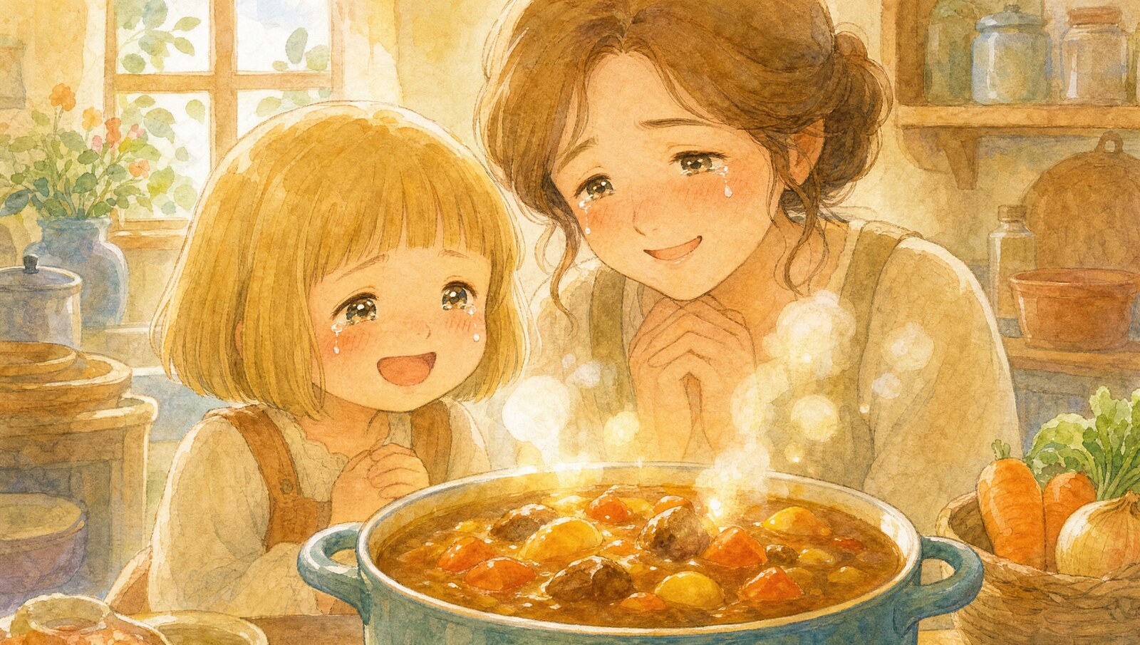 完成したカレーの絵の湯気を見つめ、うれし涙を流すつむぎと母