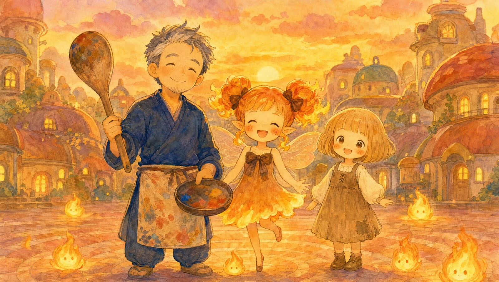 色づいた広場で笑顔で並ぶ勝さん・メイラ・つむぎと小さな炎