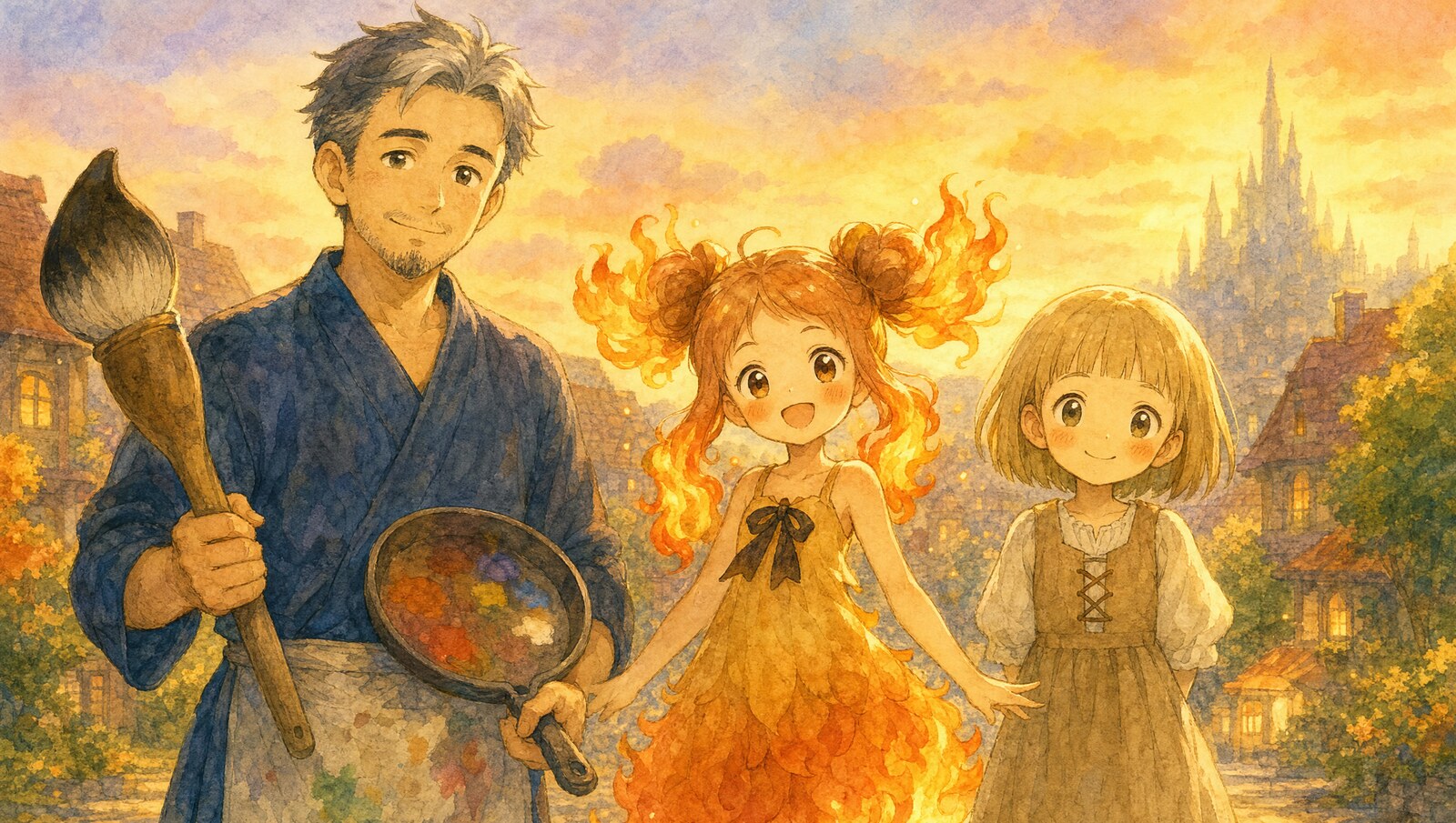 夕暮れの街に並ぶ、マスター勝さん・焔の妖精メイラ・つむぎ