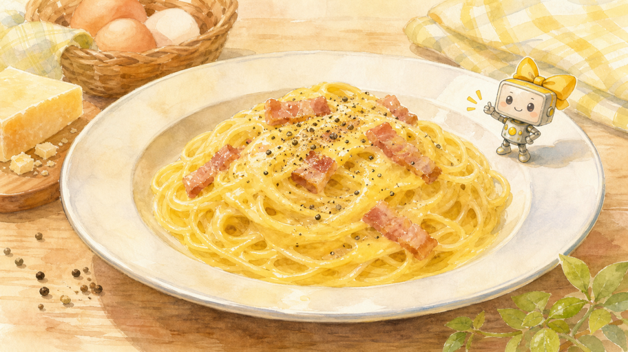 黄色いリボりん、カルボナーラの脂をなめらかにつなぐ