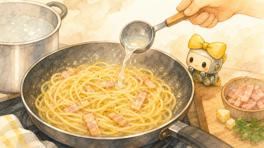 白く濁ったゆで汁が、脂の居場所を作る