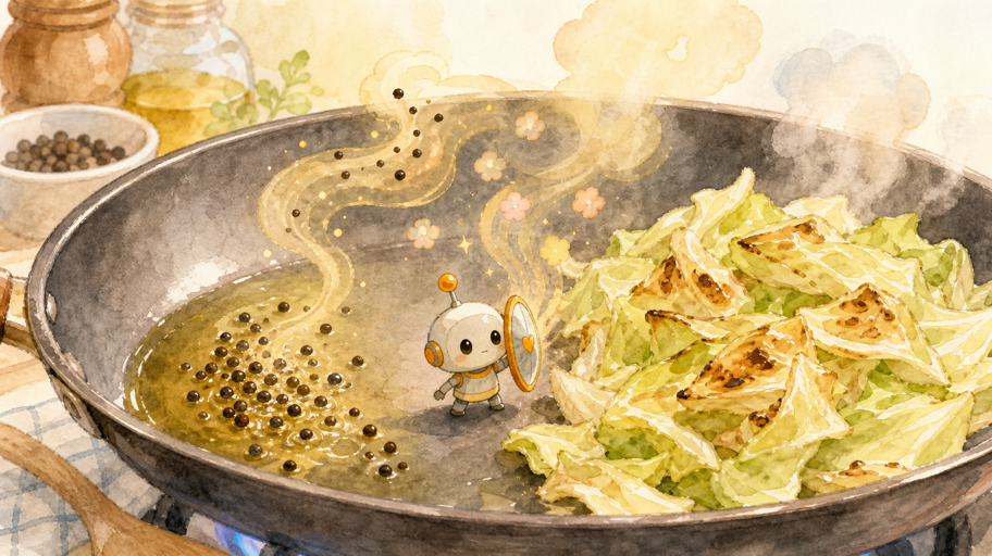 黒こしょうは低温で短く、キャベツは水が消えてから強く