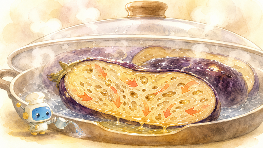 豚脂を抱いた茄子へ、蒸気で芯まで熱を届ける