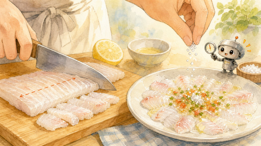 薄切りの魚は、塩と酸にすぐ反応する