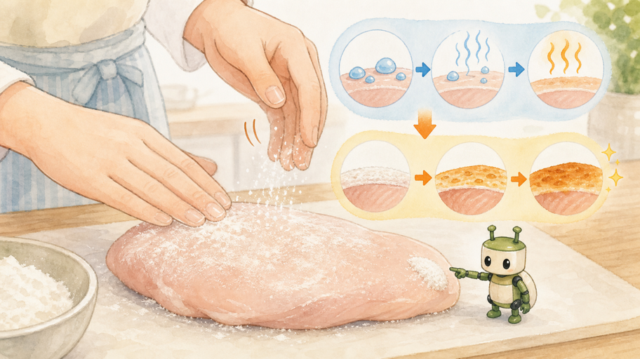 薄い粉は、焼き色のための足場になる
