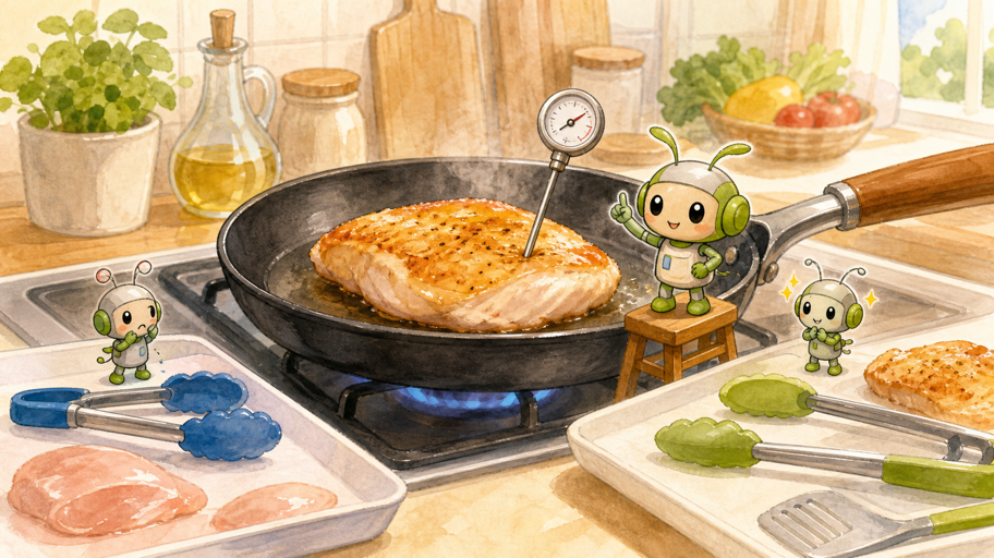 焼き色は短く取る。中心温度は長く見守る