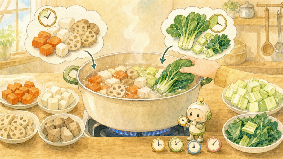 温野菜は、同時投入より終了時刻をそろえる