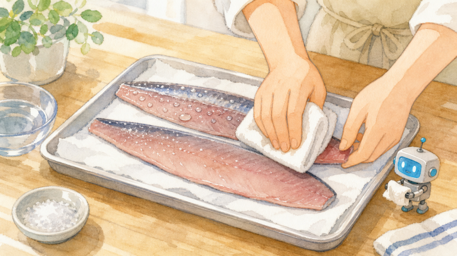 塩を5分だけ。焼き目の前に水を動かすよ