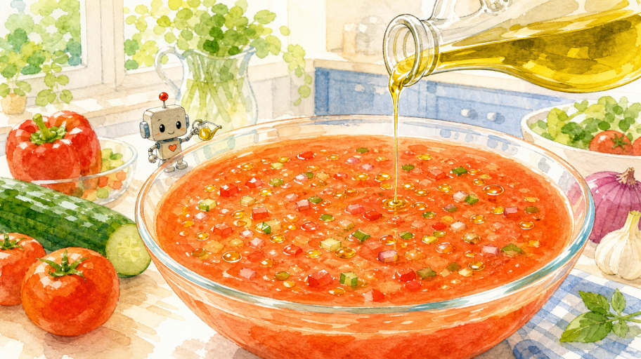 油は細く加え、まろやかさを一か所に集めない