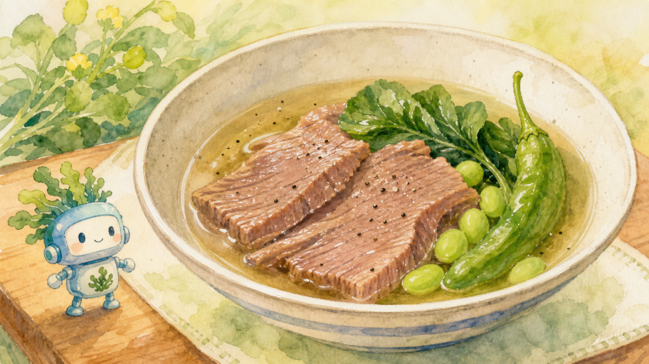 澄んだスープの底で、ヨーちゃんが守る牛タン煮