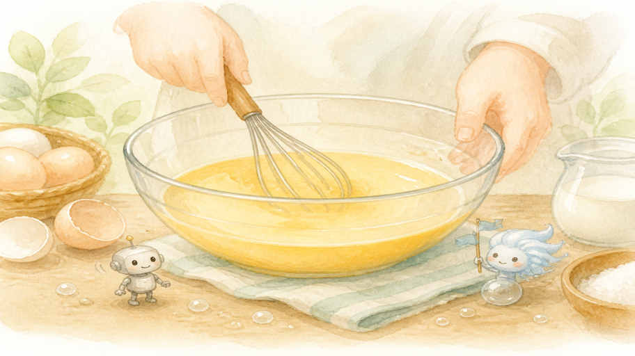 泡を増やさず、卵液の密度をそろえる