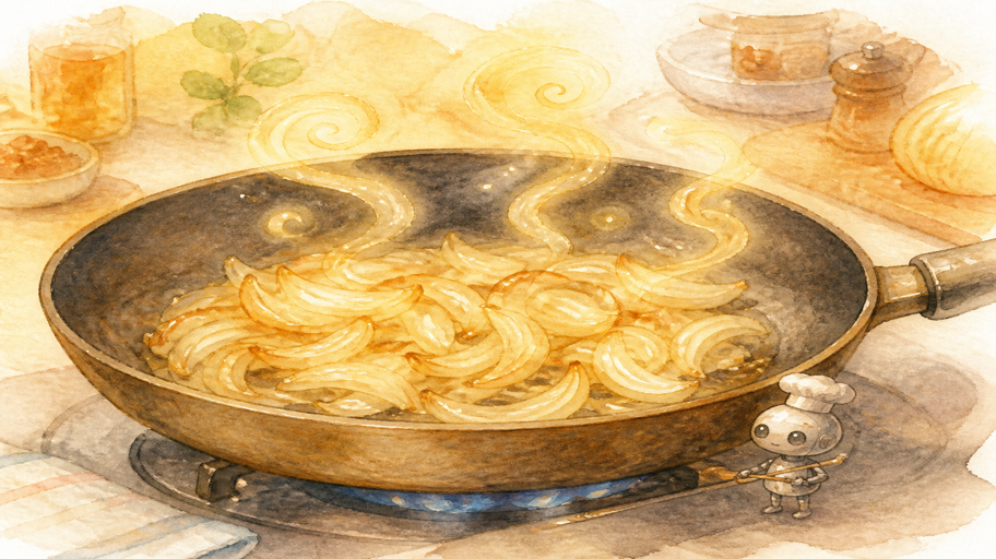 玉ねぎを先に焼く。辛味の角を丸める