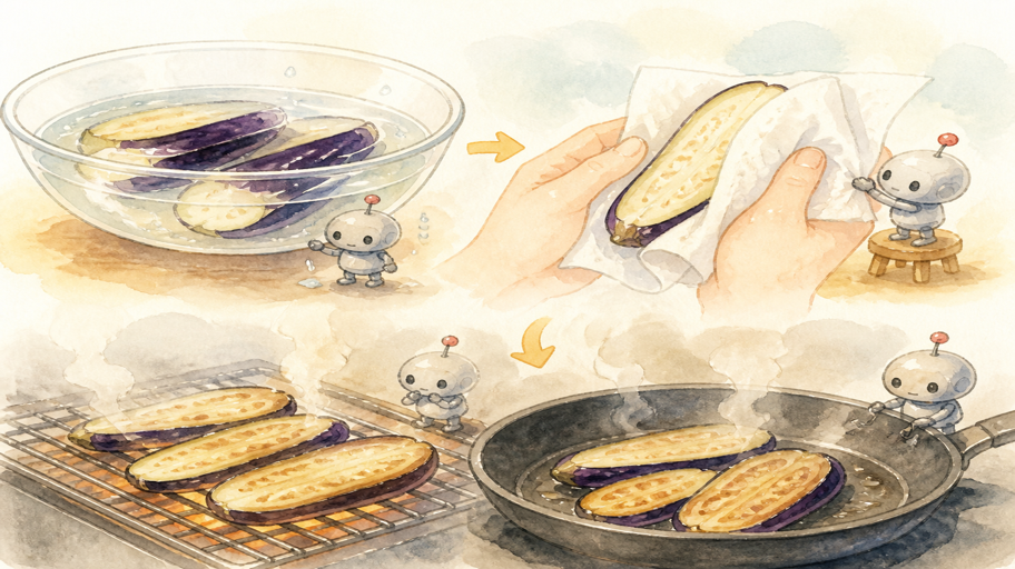 焼きナスの最初の鍵は、表面の水を退場させること