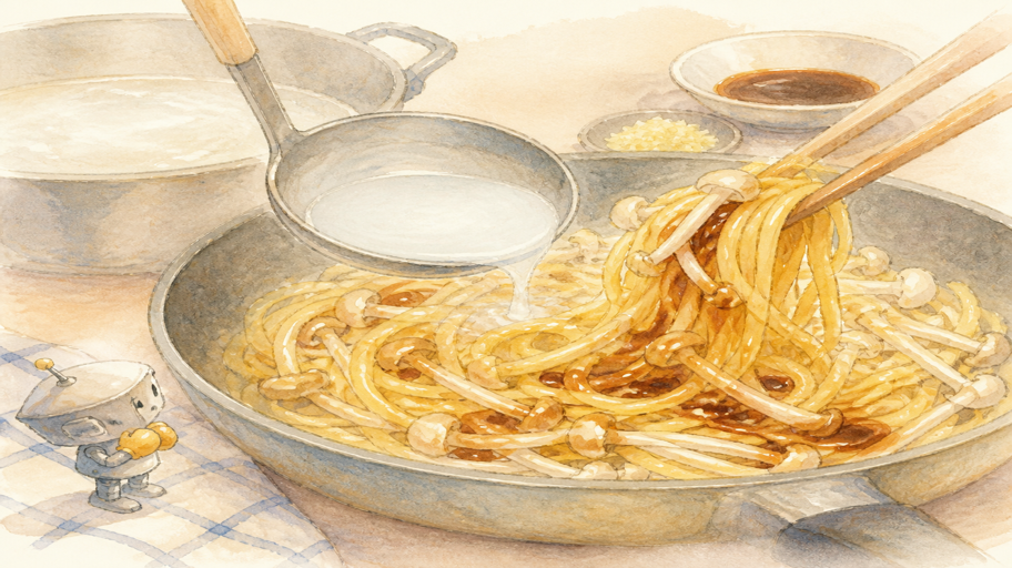 えのきと麺のでんぷんが、醤油ソースの骨格になる