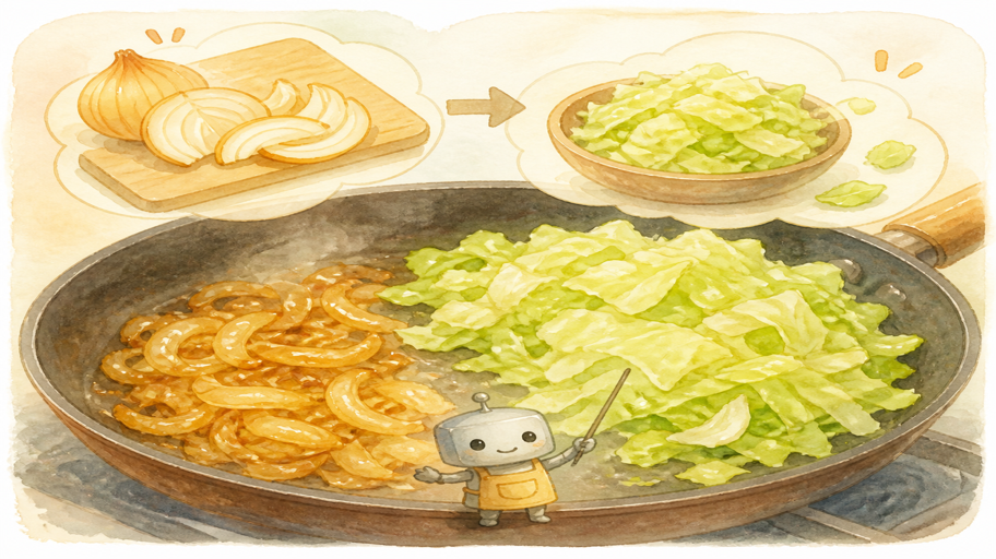 玉ねぎとキャベツは、同じ野菜でも別の地図で焼く