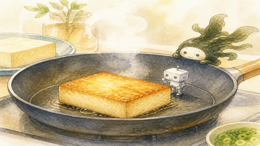 厚揚げは、表面の水を焼き香へ変える