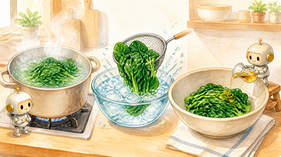 ほうれん草の緑は、塩より加熱時間で決まる