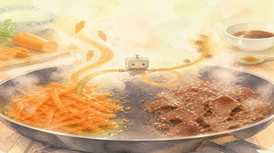 にんじんの色と牛肉の香ばしさを、油の使い分けでつなぐ