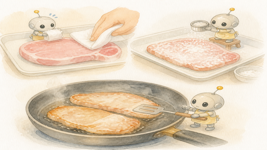 肉の表面を乾かす。褐変の入口は、水との競争です