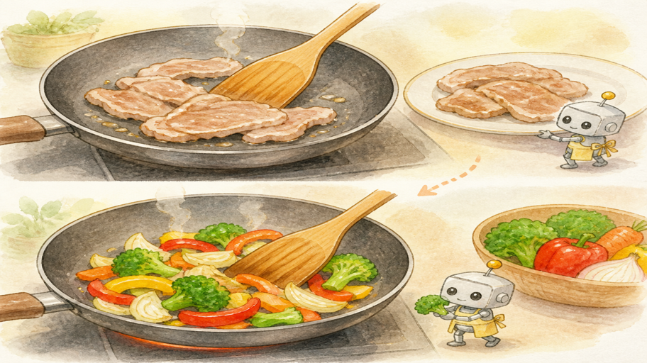 肉と野菜を分けて焼く。ひとつのフライパンに、別々の時間がある