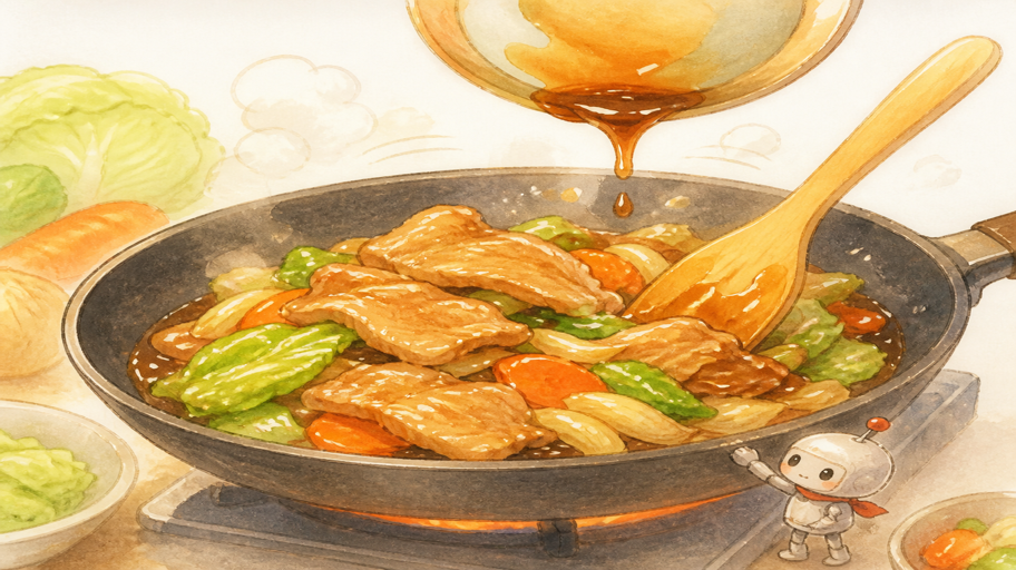 最後に戻す。薄い粉衣が、たれと食材をつなぐ