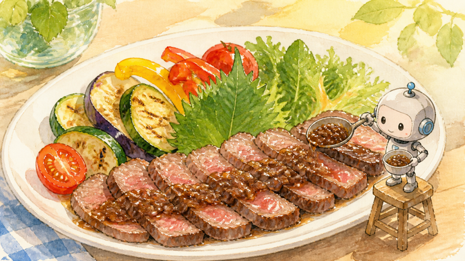 温かい肉、冷たいソース、青じそ。皿の上に距離を描く