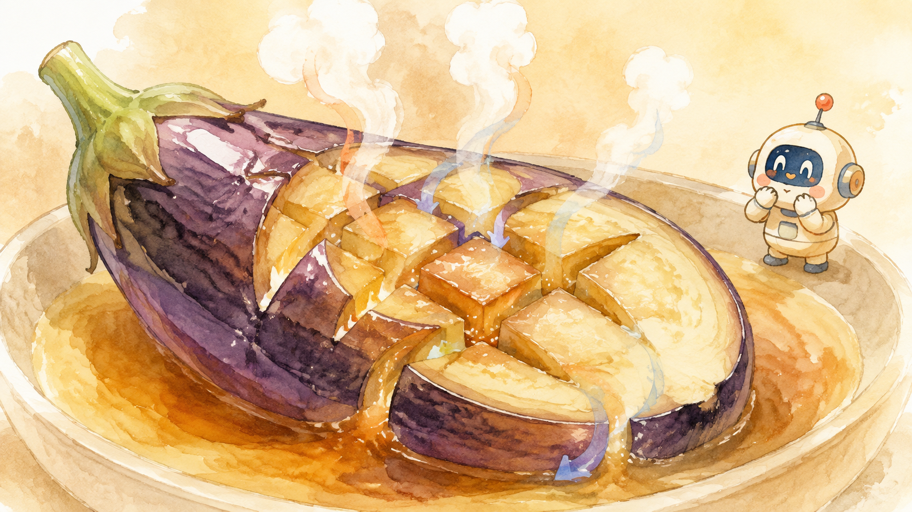 切り込みの奥へ、煮汁の道ができる
