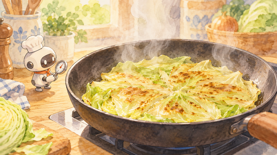 一段目はキャベツ。広げて、待って、焼き面をつくる