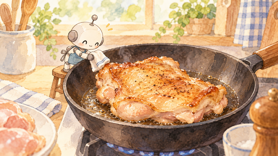 まずは鶏もも肉の表面から、水分を片づけるよ