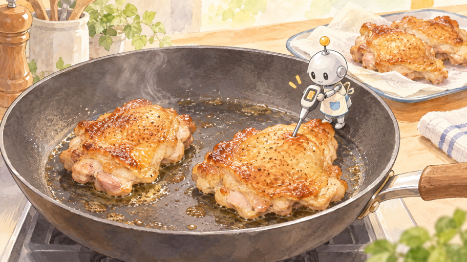 鶏肉は二回に分けて、フライパンの熱を守るよ
