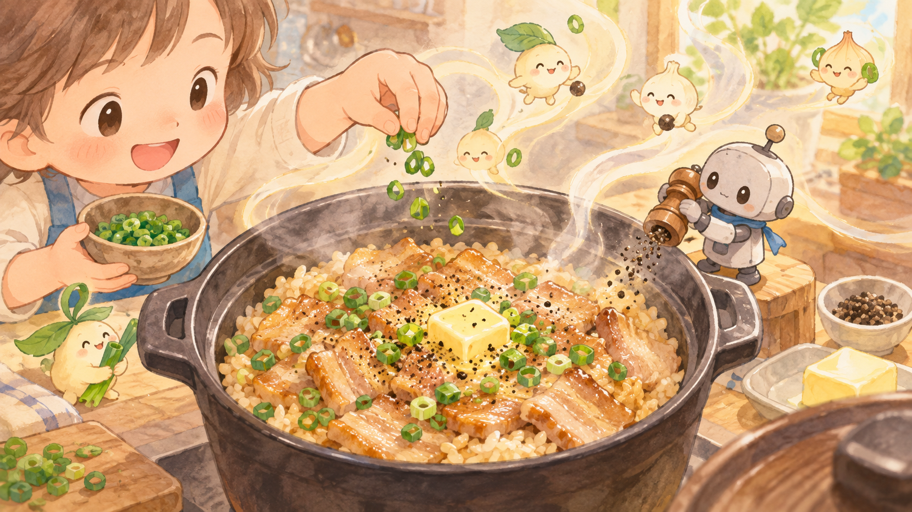 香りは最後に立ち上げる。黒こしょうとねぎを熱から守る