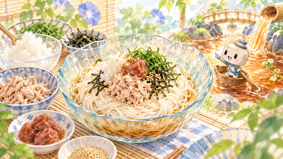 めんつるんの、辛味がひらく梅おろしそうめん案内