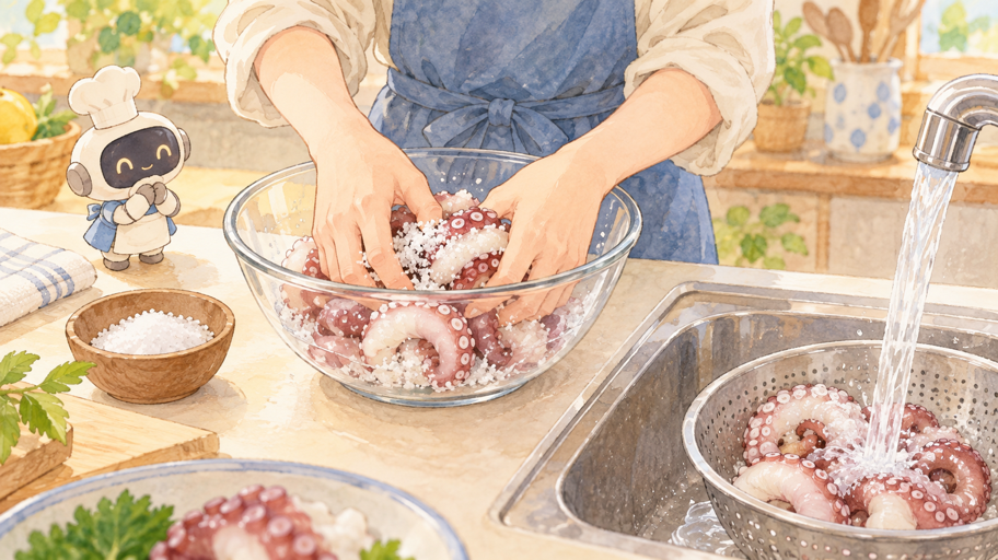 まずはタコの表面を整える。塩は味付け係ではありません