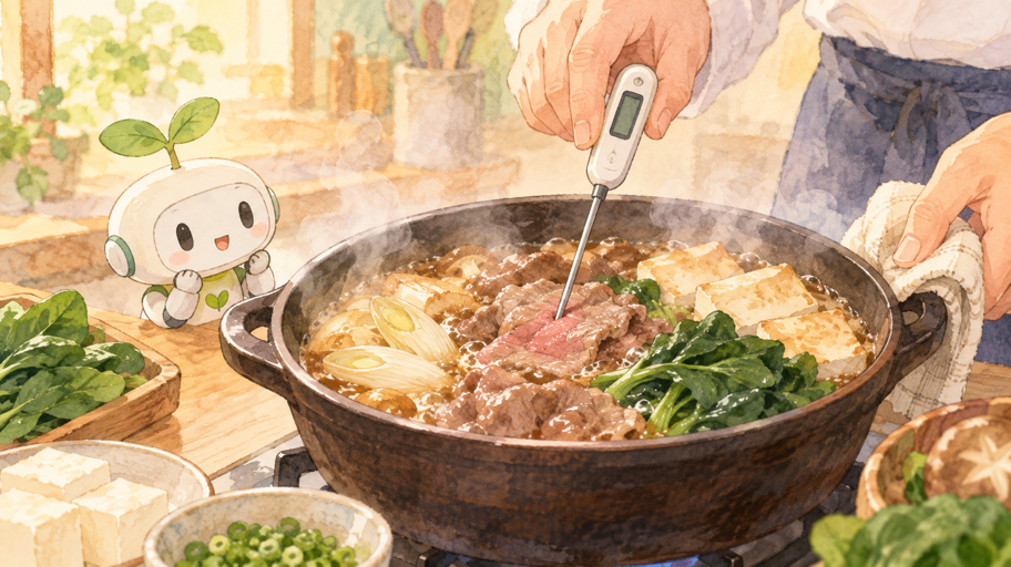 牛肉は中心を確認し、確認後は加熱を続けない