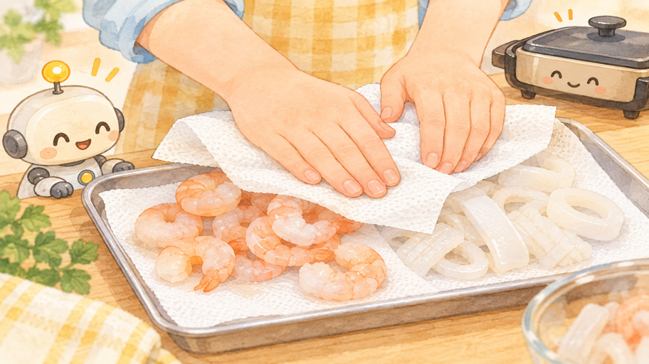 海鮮の水分を、焼き場へ持ち込まない