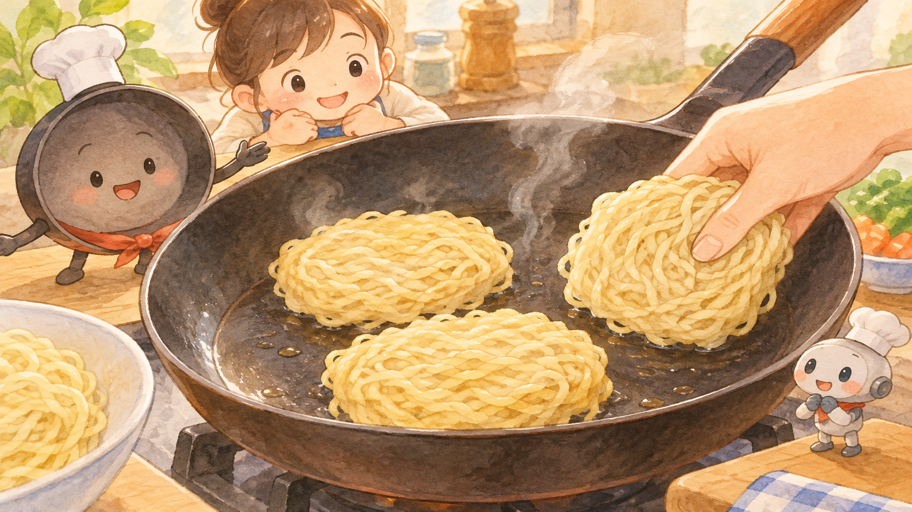 麺はほどきすぎず、鍋肌に静かに預ける