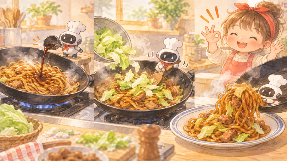 ソースは短くまとわせて、キャベツは最後に戻す