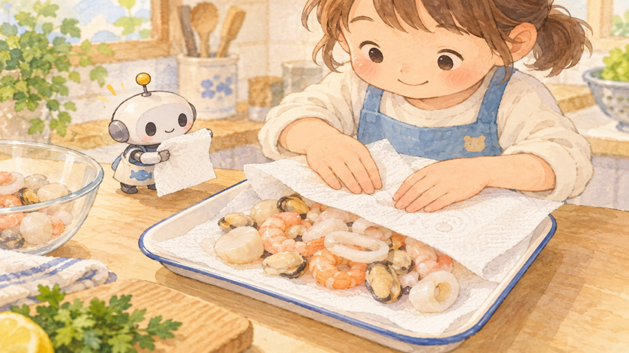 海鮮の水気は、焼きはじめの熱を連れていく