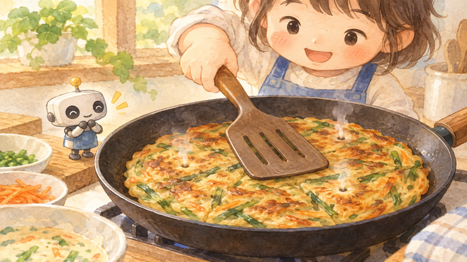 蒸気の逃げ道をつくり、焼き面をフライパンへ戻す