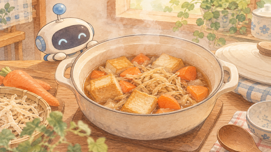 煮汁は厚揚げの穴を通り、休ませるあいだも進む