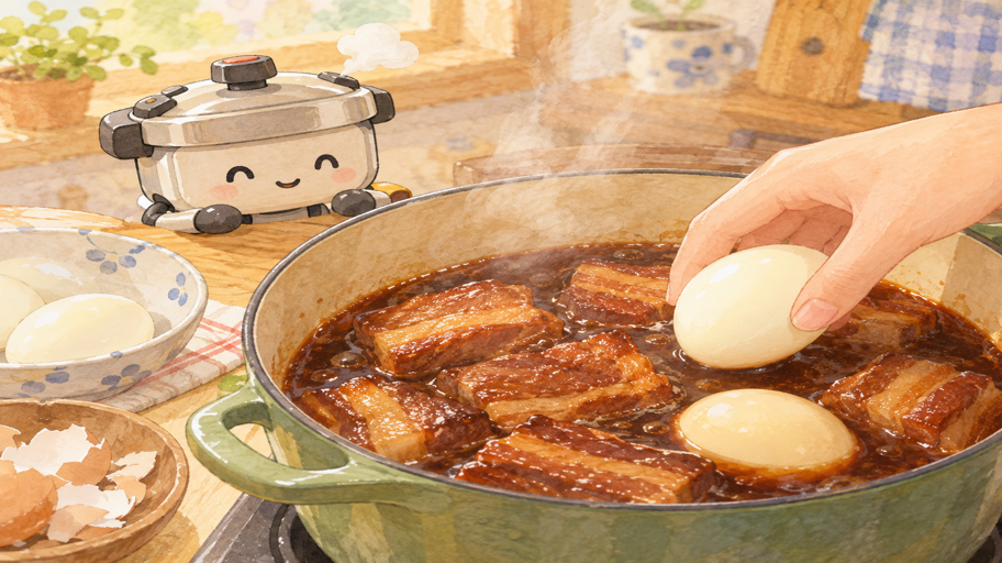 半熟卵は、肉と別の時間で仕上げる