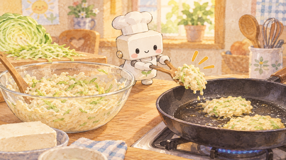 キャベツは薄く切って、混ぜたらすぐ焼く